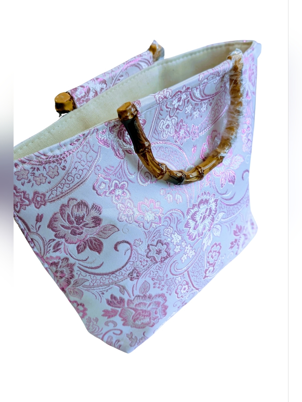 Luxury Floral Embroidered Tote Bag Genuine Bamboo Handle Brocade Boho Chic NWT - Picture 10 of 12